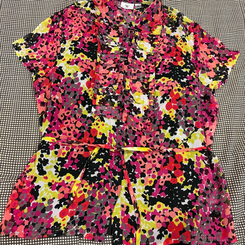 Worthington Multicolor Floral Print Ruffle Front Short Sleeve Top